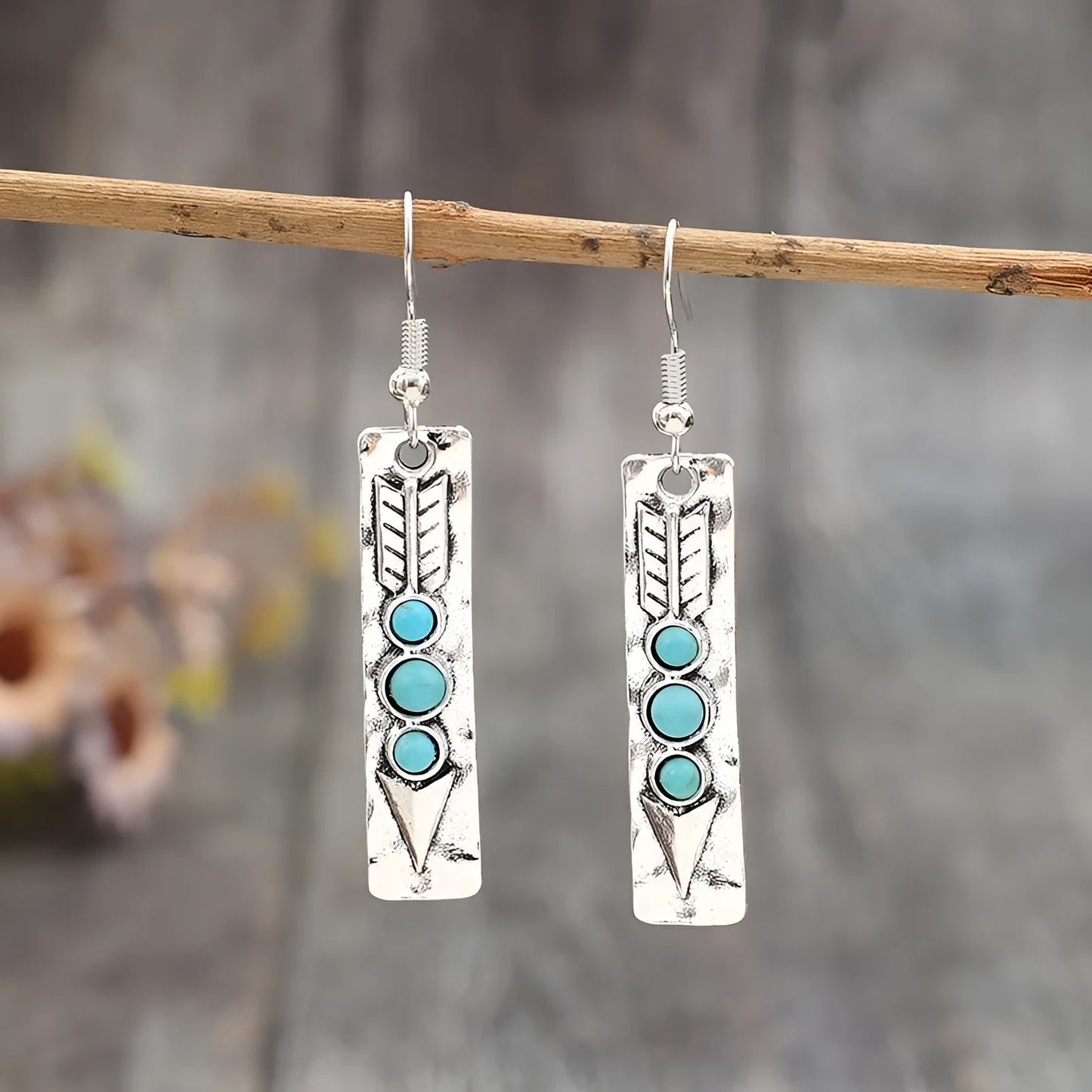 Silver geometric long strip earrings with turquoise inlay, zinc alloy retro style jewellery for women.