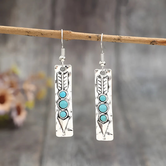 Silver geometric long strip earrings with turquoise inlay, zinc alloy retro style jewellery for women.
