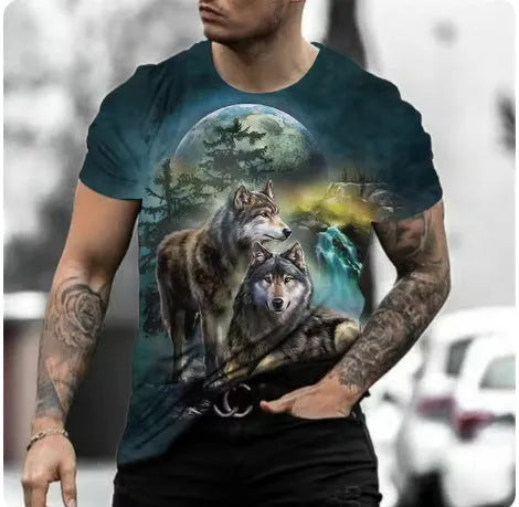 Man wearing a short-sleeved grey t-shirt with a retro-style 3D graphic of a wild animal printed on the front.