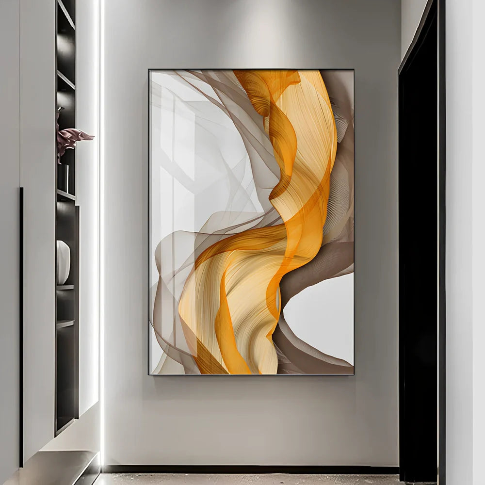 Three-piece abstract canvas painting set with yellow grey design in solid wood frame on white wall