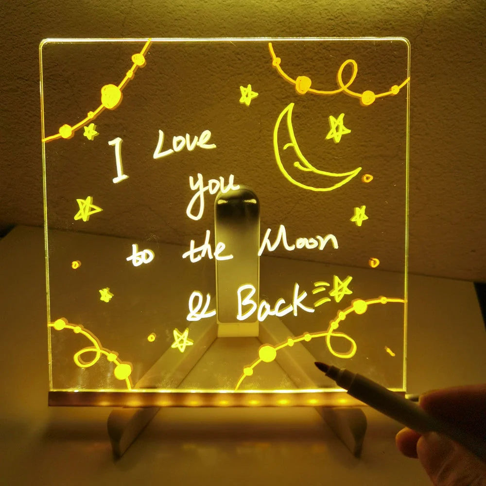 Acrylic DIY Note Board LED Night Light with colorful pens on a desk