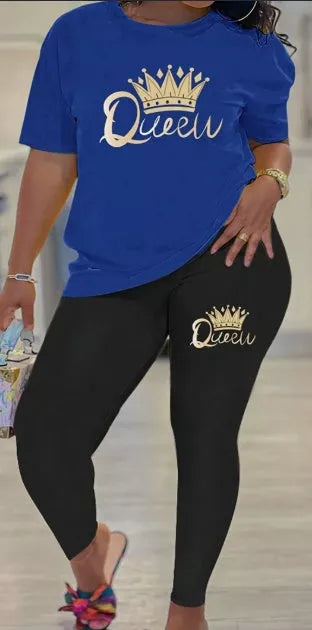 Crown and letter print polyester top and leggings set in royal blue, hot pink, and black
