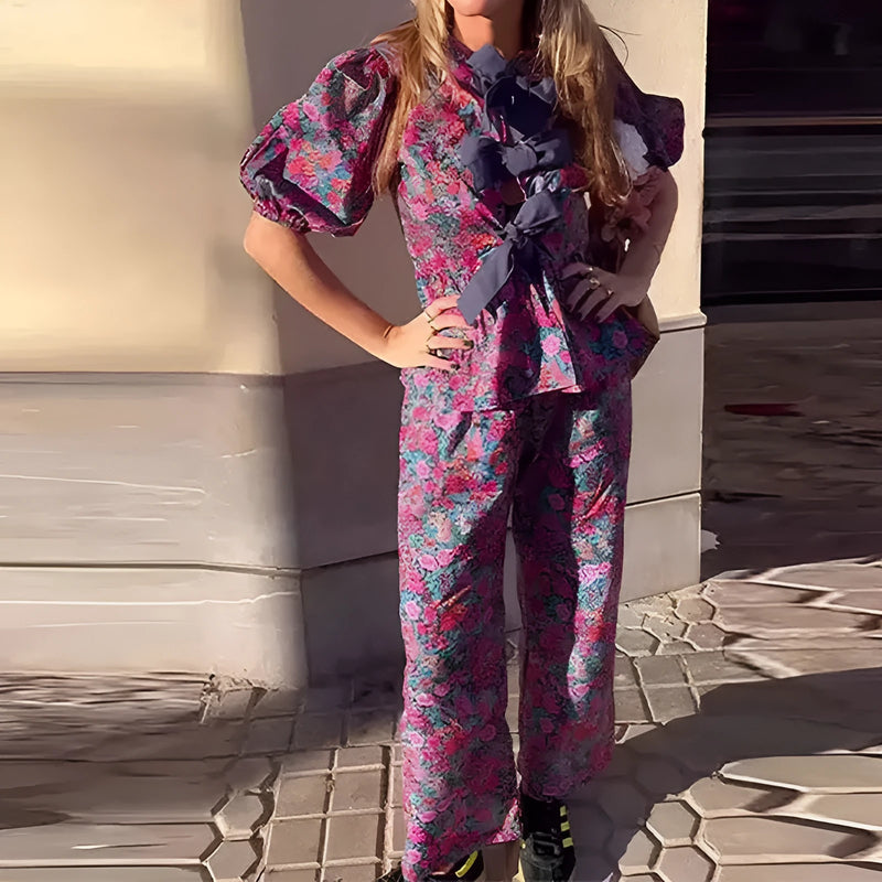 Leisure Floral Tie-neck Long Sleeve Trousers Suit with puff sleeves and printing process, available in sizes S to 3XL for commuting style wear