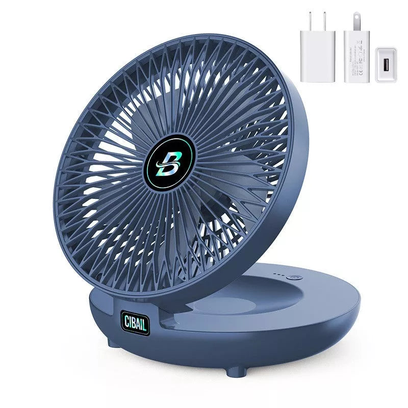 Compact folding wall-mounted fan in white or blue with USB power option