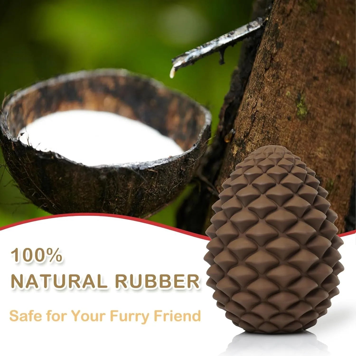 Pine cone-shaped yellow dog toy with treat dispenser, natural rubber construction, for medium to large breeds