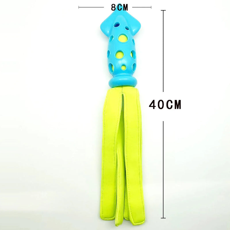 Dog chew toy with squeaker and cuttlefish design interactive training throwing toy for small medium large dogs made from baby-grade rubber and waterproof cloth measuring around 39 cm in blue colour