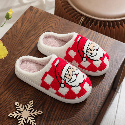 Cozy plaid Christmas slippers with soft, plush fabric and non-slip sole for indoor wear
