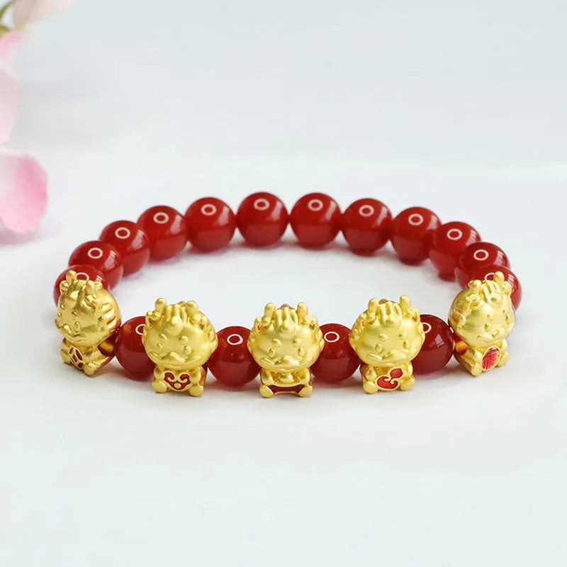 Red agate Five Blessing Dragon bracelet with 8mm beads in Chinese style