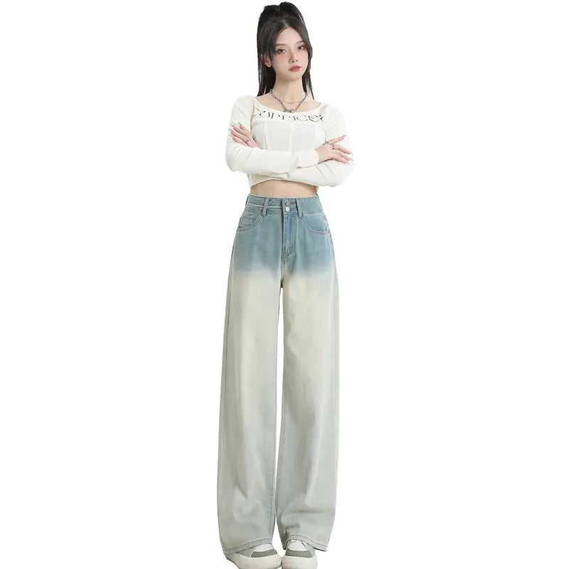 Gradient blue straight-leg trousers for women in denim with cotton composition, size range XS to 2XL