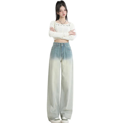 Gradient blue straight-leg trousers for women in denim with cotton composition, size range XS to 2XL