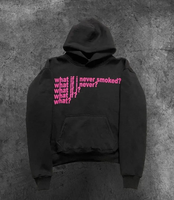 Black hooded pullover sweater with a large letter print on the front, shown on a model.