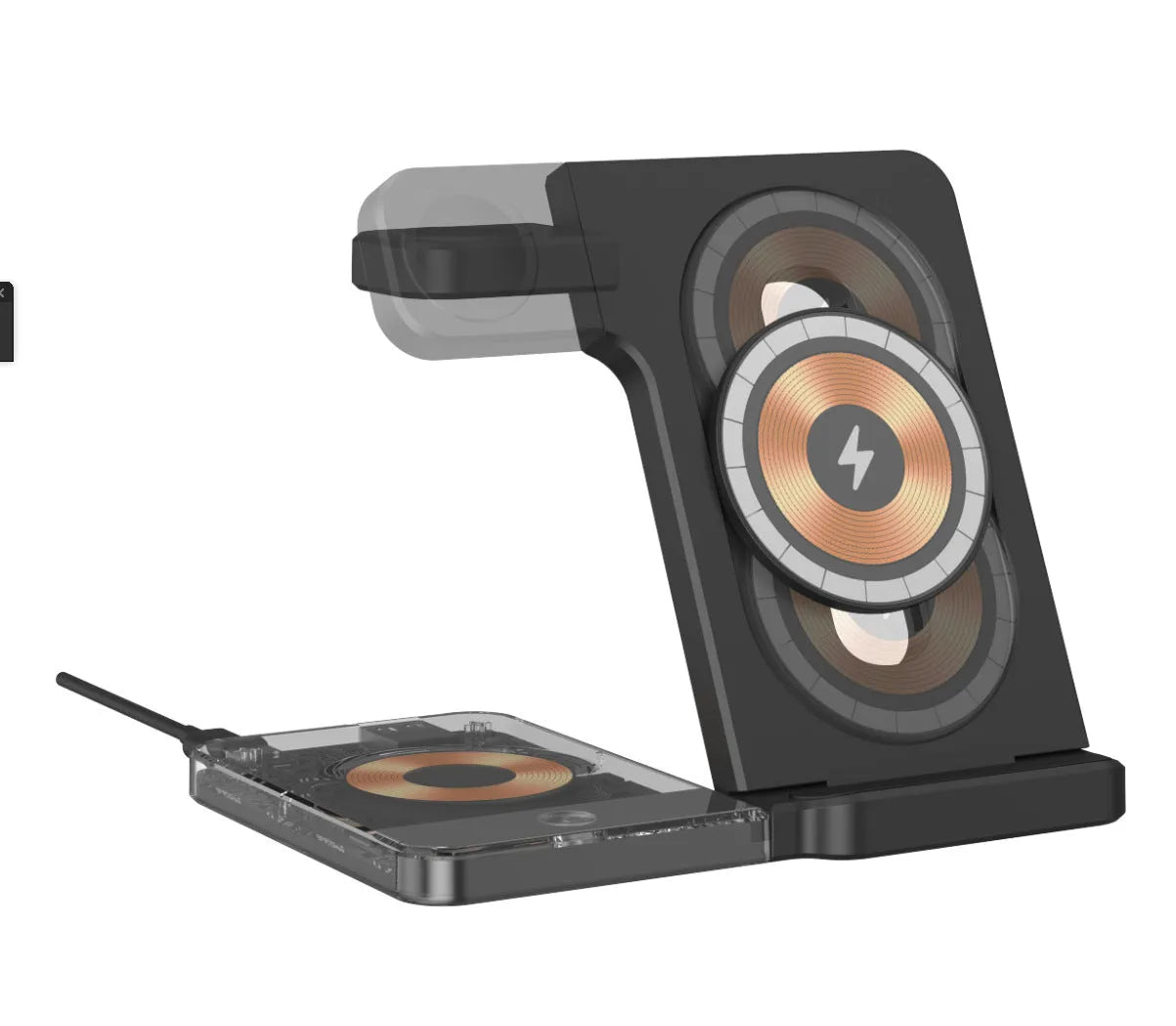 Black foldable three-in-one magnetic wireless charging stand for phone, watch and earphones on a desk.