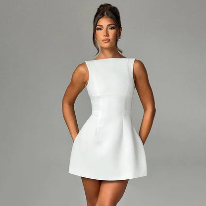 Fashionable backless summer dress in various colors, featuring a sleek silhouette, high-waist design, and chic style.