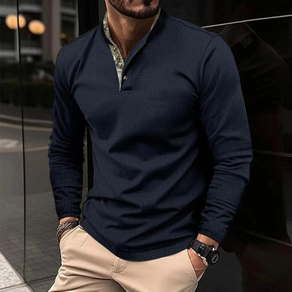 Premium long-sleeve polo shirt in various colors and sizes, featuring a unique double-layer lapel design and soft, breathable waffle fabric for a sophisticated, casual look.