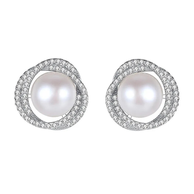 Rose pearl stud earrings with silver needle, rhinestone inlay, copper geometric circle design, white or yellow gold colour.