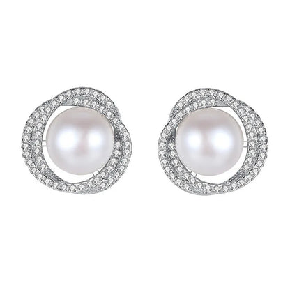 Rose pearl stud earrings with silver needle, rhinestone inlay, copper geometric circle design, white or yellow gold colour.