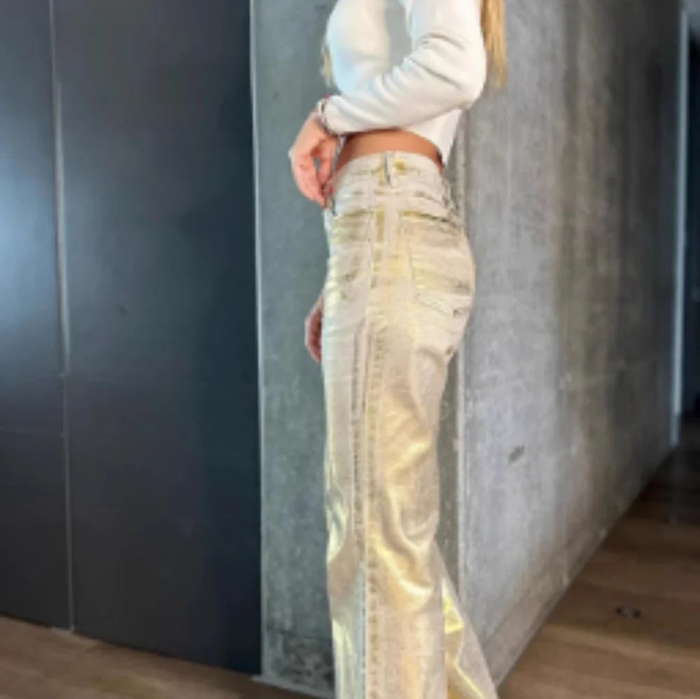 Bronzing design straight-leg cotton jeans in gold colour with straight cut for spring summer wear