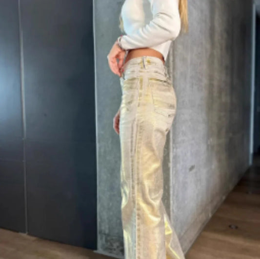 Bronzing design straight-leg cotton jeans in gold colour with straight cut for spring summer wear