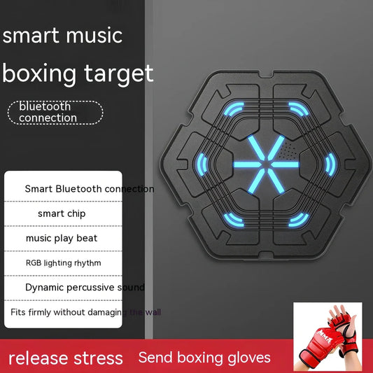 Blue hexagonal boxing machine with gloves, 430mm square target with musical feedback system