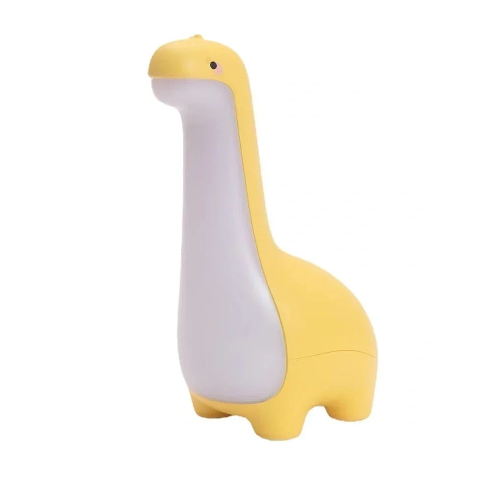 Dinosaur-shaped children's night light in lemon yellow with USB charging cable and 3000K warm white illumination