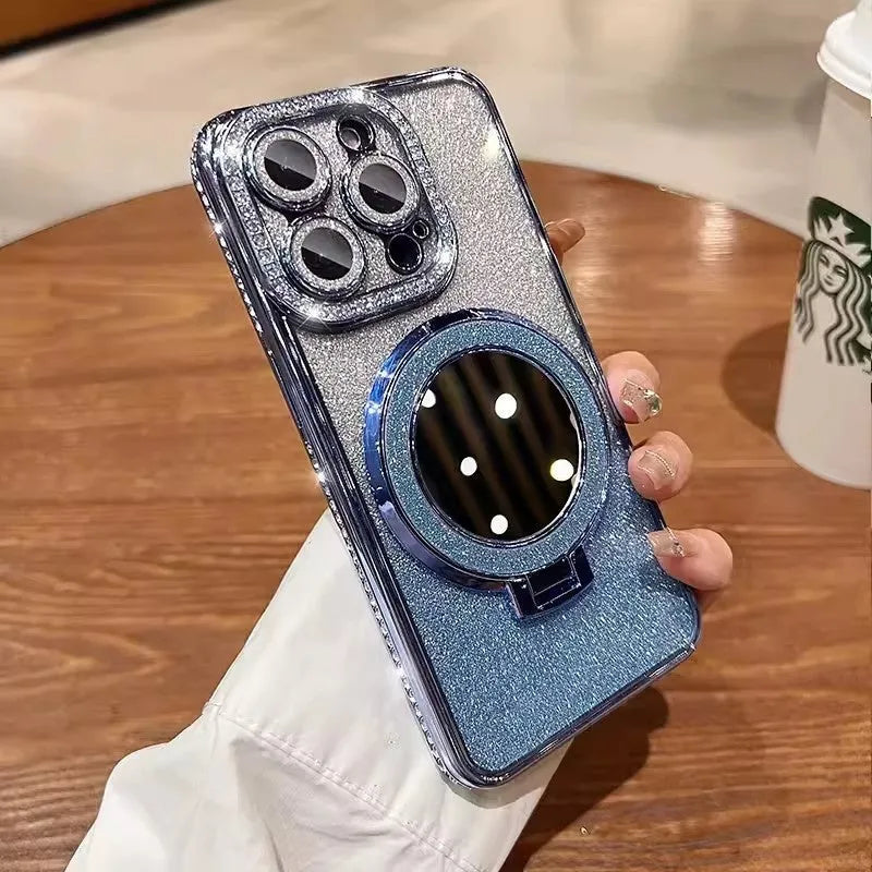 Glittering gradient iPhone case with an attached bracket for holding a makeup mirror.