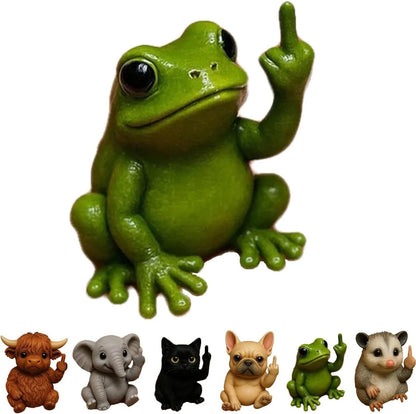 Mini resin animal doll with middle finger gesture, 6-7cm tall, in cat, dog, elephant, frog, Highland cattle, mouse, or turtle design