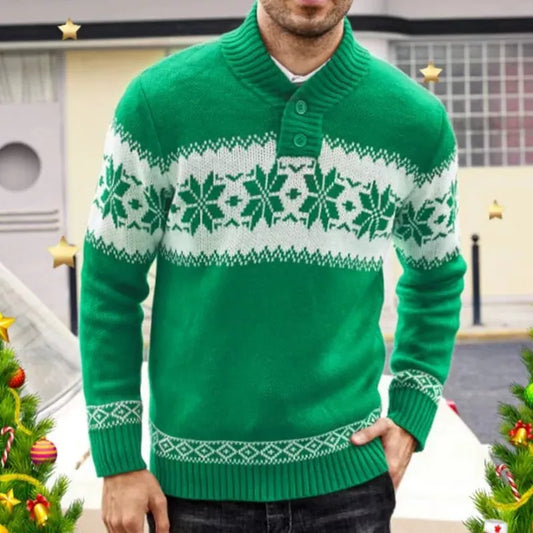Men's green jacquard knitted pullover sweater for autumn and winter