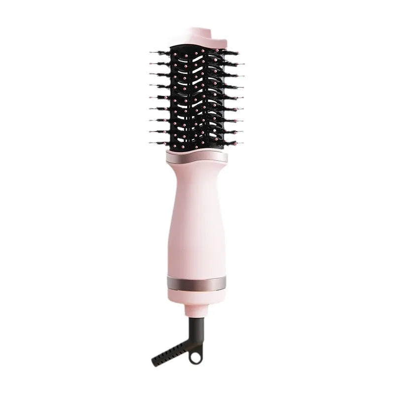 Pink multifunctional hair dryer with integrated comb and curling attachments