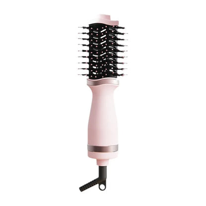 Pink multifunctional hair dryer with integrated comb and curling attachments