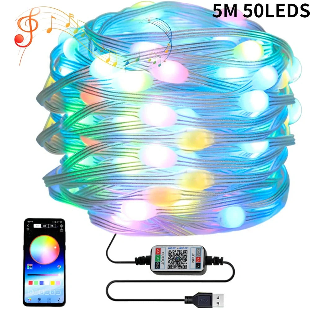 Bluetooth-controlled LED light string with 100 programmable lights in 10-metre length for custom lighting patterns