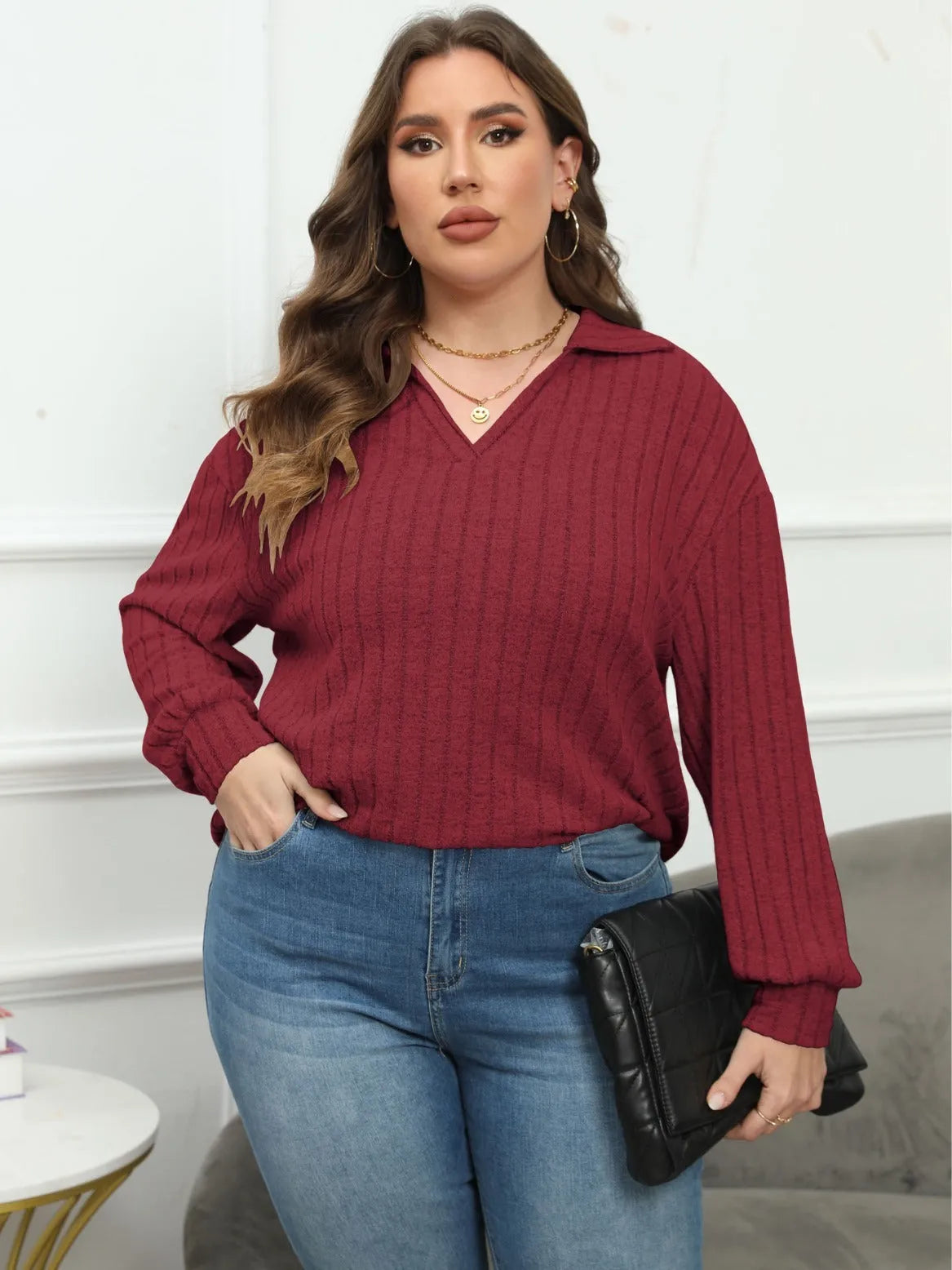 Women's plus size polo collar shirt in melange gray with lantern sleeves and street fashion Gothic style