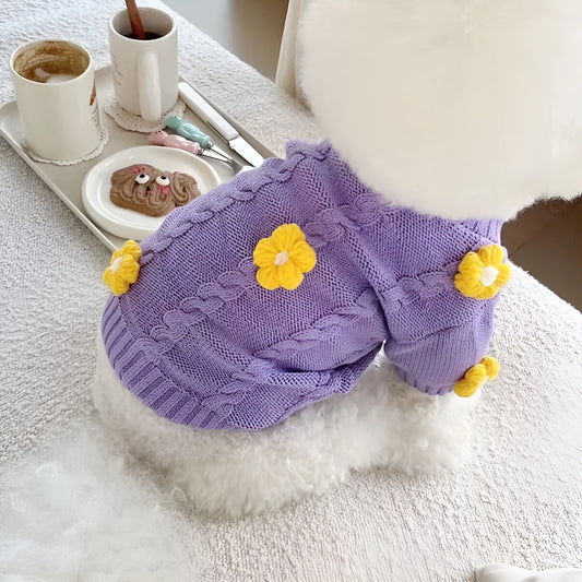 Purple floral print knitted dog jumper shown in size L with 35cm back length for dogs 4.00kg-5.00kg