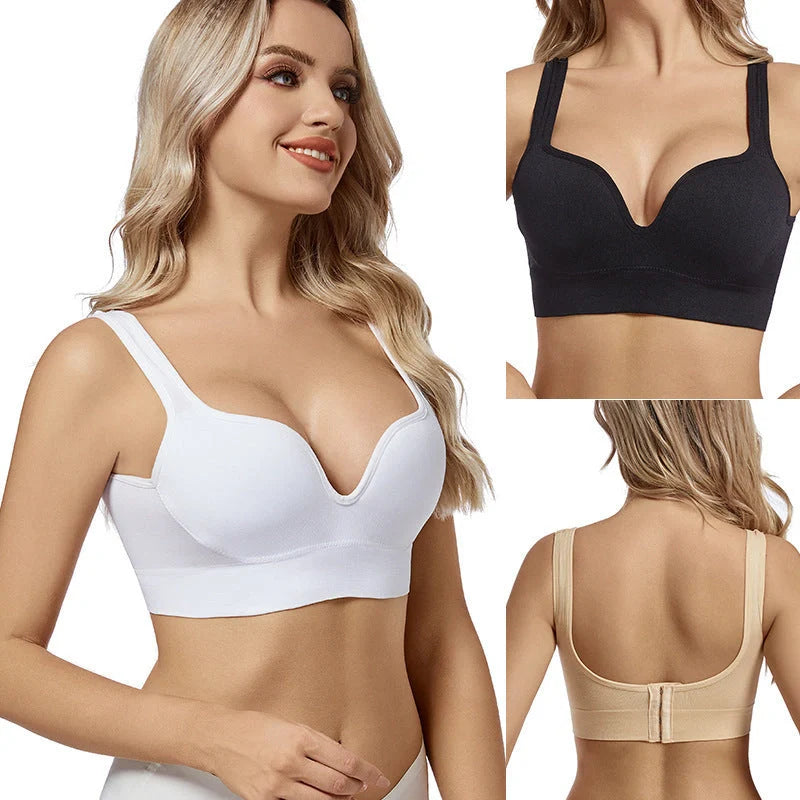 Comfortable back button up sports bra with wide straps in white, black, and apricot