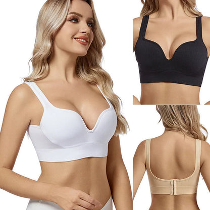 Comfortable back button up sports bra with wide straps in white, black, and apricot