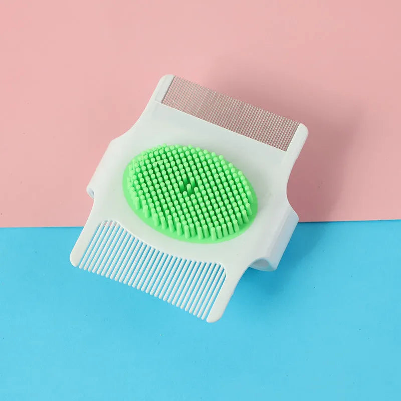 Blue and green multifunctional pet comb with floating hair removal bristles and massage nodes.