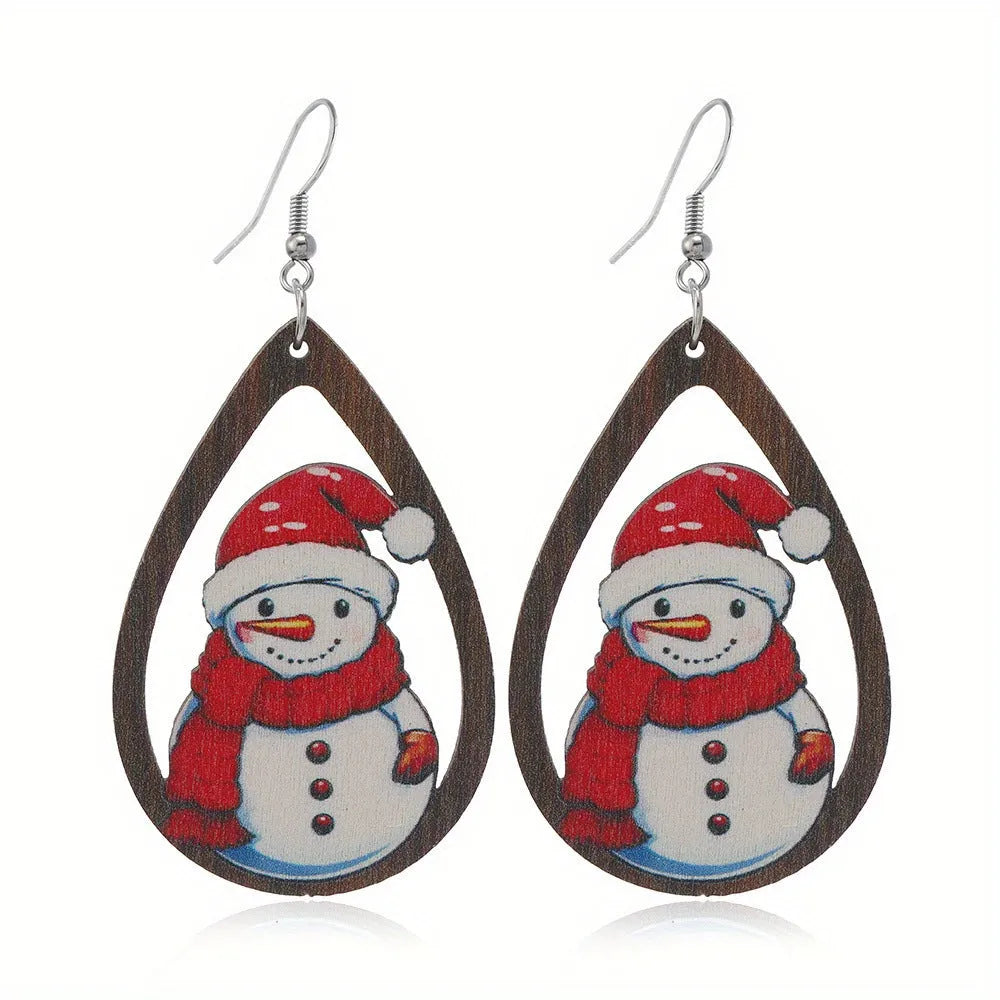 Wooden Christmas earrings with Christmas tree and water drop snowman designs, 3.5cm height