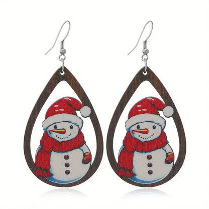 Wooden Christmas earrings with Christmas tree and water drop snowman designs, 3.5cm height
