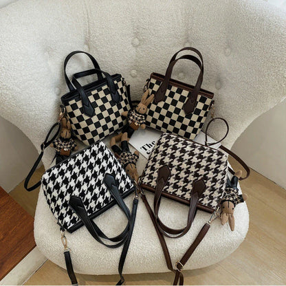 Premium Houndstooth Crossbody Bags for Women - Stylish Wool Handbag with Adjustable Strap and Spacious Main Compartment