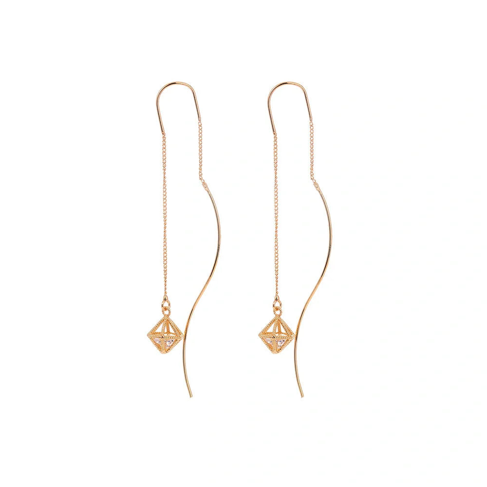 Gold Bronze Cutout Zircon Tassel Earrings with sparkling stones and intricate design