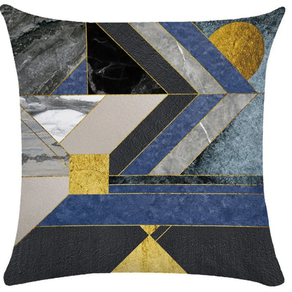 Geometric pattern throw pillow on office sofa showing 45x45cm size with plush fabric texture
