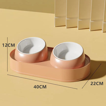 White elevated pet double bowl feeder with tilted food and water bowls on a non-slip stand.