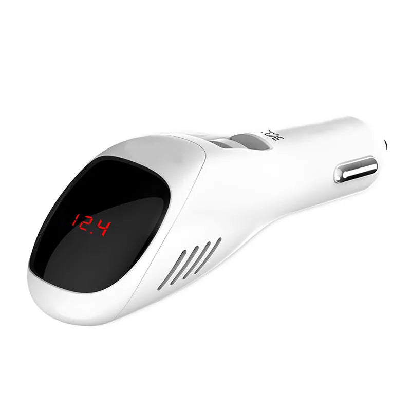 White car USB charger with integrated negative ion air purifier showing dimensions and vehicle power connection