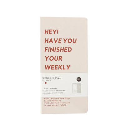 A5 weekly plan diary handbook with 100 sheets, shown in blue, brown, green, and purple colour options.