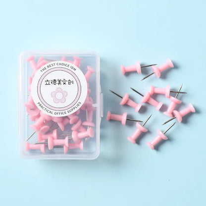 Macaron colour plastic push pins in cherry blossom pink, mint green and lavender, available in large and small sizes