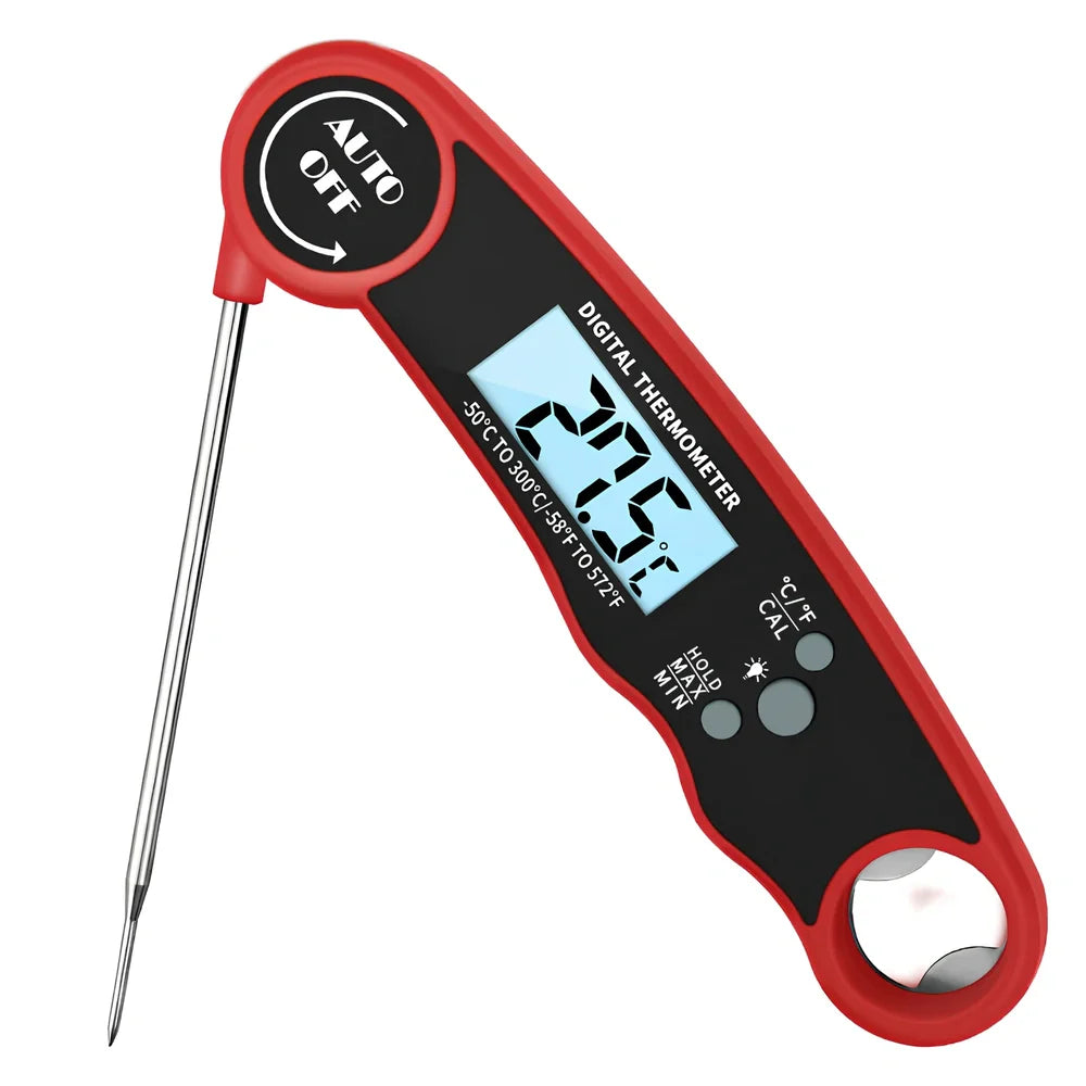 Red and black folding electronic kitchen thermometer with extended probe and digital display