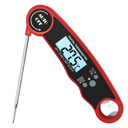 Red and black folding electronic kitchen thermometer with extended probe and digital display