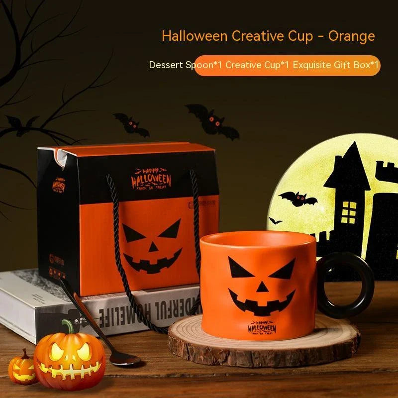 Ceramic pumpkin-shaped mugs in orange and white colors, featuring a sturdy handle and festive holiday design