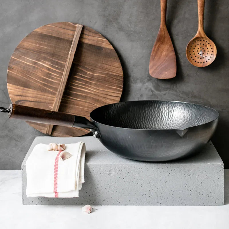Traditional handmade iron wok pan with wooden handle, 40 cm diameter cooking surface