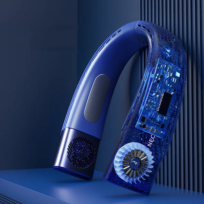 Blue hanging neck fan with digital display, 200x197x60mm USB model in ABS, 5 wind speeds for portable cooling