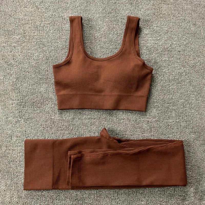 Seamless yoga set with high-waist leggings and supportive sports bra for women's fitness and activewear